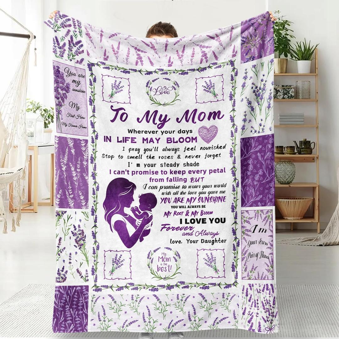 Lavender Floral Throw Blanket for Mom Soft & Cozy Flannel Fleece Blanket to My Mom for Birthday, Anniversary, Retirement Bedding Sofa and Travel Camping 50" 60"