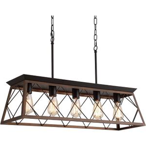 Q&S Farmhouse Rustic Chandelier Light Fixtures Bronze 5 Lights Linear Rectangular Chandelier Pendant Light Fixtures for Dining Room Kitchen Island Pool Bar Office Living Room Entryway UL Listed