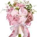 9 Inch Blush Pink Wedding Bouquets for Bride Bridesmaid, Artificial Fake Dusty Roses Gold Flowers Pearl Bridal Bouquet Pastel Spring Boho Rustic Wedding Decoration Toss Bouquet Prom Anniversary