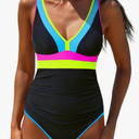 popvil One Piece Swimsuit Women 2025 Tummy Control Neon Color Block Bathing Suit Deep Vneck Tie Back Swim Suits Beach M