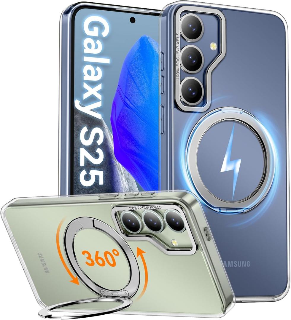 Oneagle 360 Spin Magnetic Stand for Samsung Galaxy S25 Case Clear [Fit for Magsafe],[30X Anti-Yellow] Hard Back Galaxy S25 Phone Case 6.2" with [Rotatable Kickstand Ring][15FT Mil-Grade Protection]