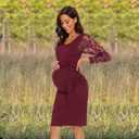 Floral Mesh Bishop Long Sleeve Maternity Midi Dress, Fall Maternity Bodycon Dress for Baby Shower, Small, Long Sleeve Wine Red