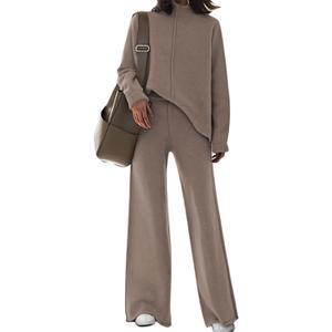Fixmatti Women Sweater Set 2 Piece Knit Sweatsuit Turtleneck Sweater Top and Wide Leg Pant Lounge Outfits (Small, Y-Khaki)