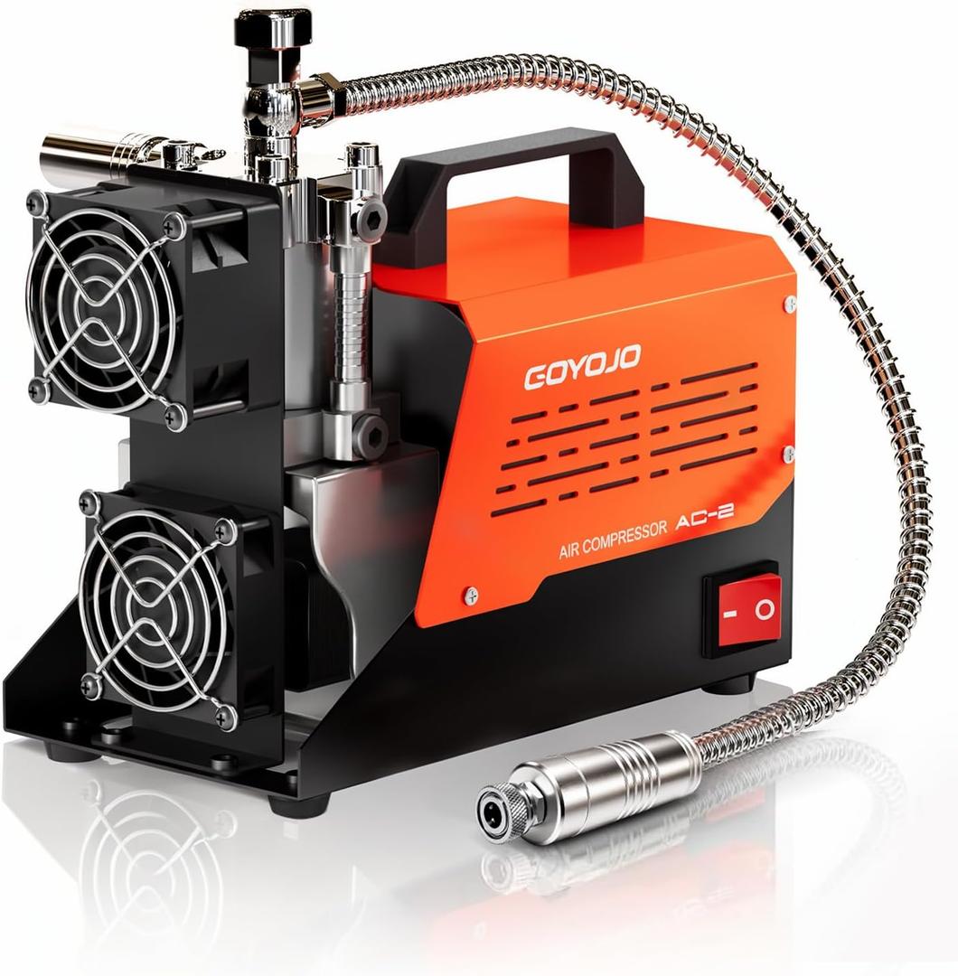 GOYOJO AC-2 PCP Air Compressor, 4500 PSI/30 MPa Portable Oil-Free Air Pump, Up to 45 Min Continuous Runtime, 12V DC & 110V/220V AC Converter, for PCP Airguns & HPA Paintball Tanks