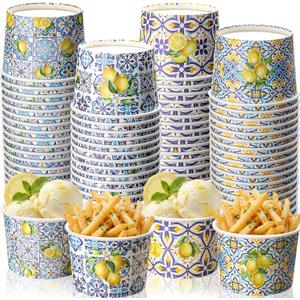 60 Pcs Capri Lemon Ice Cream Cups 9 oz Paper Disposable Dessert Bowls Blue Tiles Yellow Fruit Amalfi Coast Party Decorations for Hot or Cold Snack Mediterranean Summer Birthday Party Favors