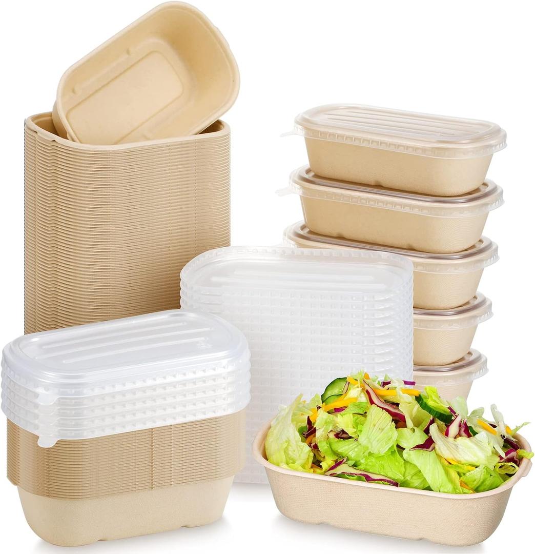 Remerry 100 Sets 23 oz Disposable Bowls with Lids Paper Meal Prep Containers Disposable Paper Food Containers Throw Away Lunch Salad Bowls for Restaurant Party Serving
