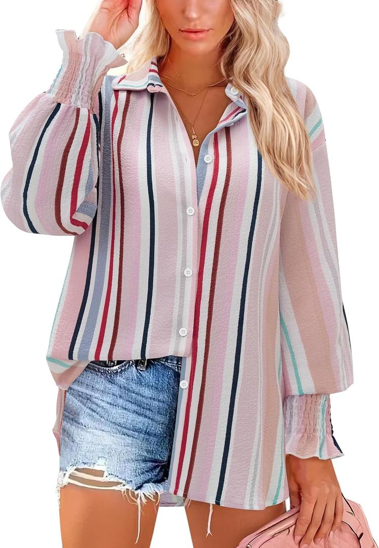 siliteelon Button Down Striped Shirts for Women Smocked Cuffed Long Sleeve Oversized Boyfriend Blouses Collared Work Tops (Pink, M)