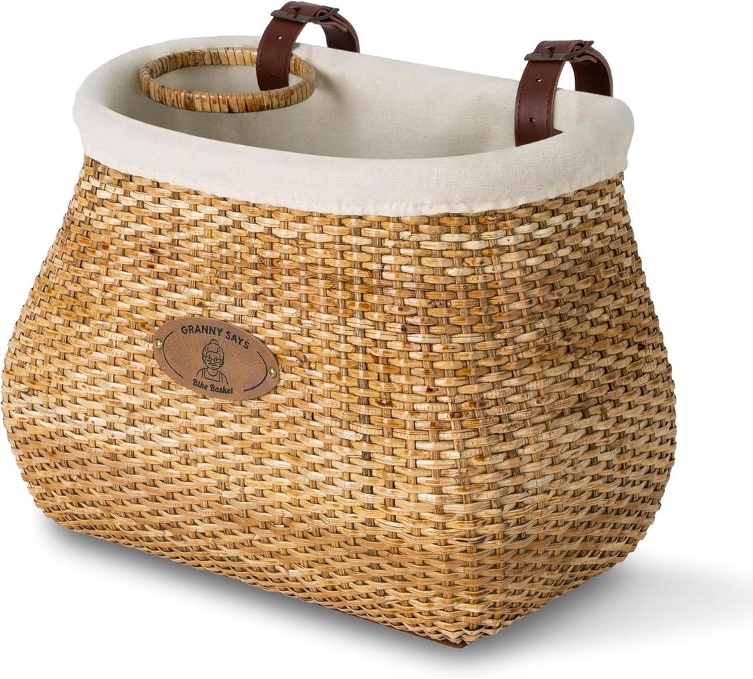 GRANNY SAYS Bike Basket Front, Natural Rattan Wicker Bike Baskets, Bicycle Basket with Cup Holder, Handmade Woven Bike Baskets for Women and Men, Storage Basket for Beach Cruisers, Ebikes