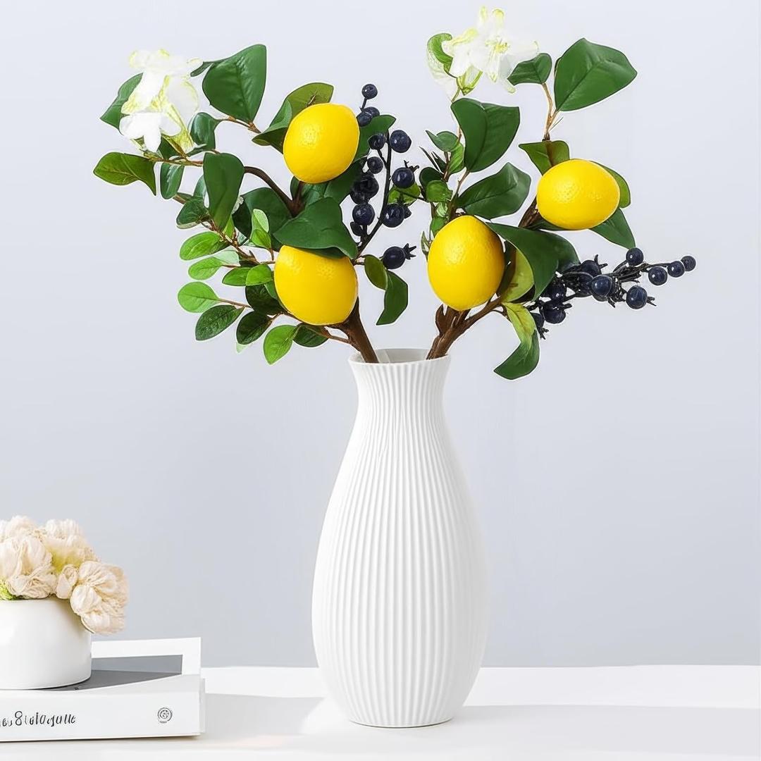 Artificial Lemon Picks with Blueberries and White Flowers, Eucalyptus Leaves, 12 Inch Summer Fruit Stems, 4 Pack Decorative Branches for Vase