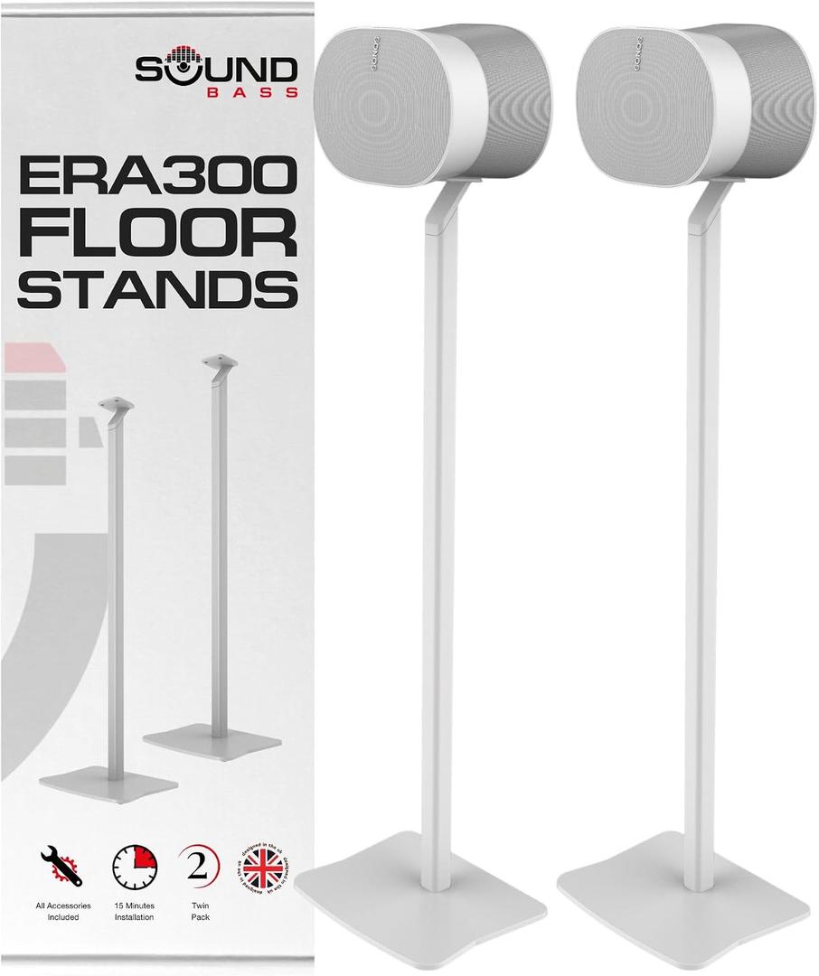 Sound Bass ERA300 Floor Stand, Premium Metal Design, Twin Pack (2pcs), White, Compatible with Sonos ERA 300 Speaker, Accessories Included, Cable Management, Designed in the UK, Double, Pair