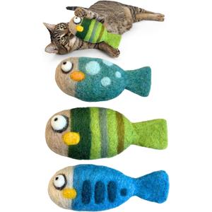 Woolbuddy Felted Wool Cat Toys 3 Fish Kick Toys for Indoor Cats, Catnip-Free & Durable