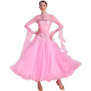 Women's Ballroom Dance Dress - Floral Rhinestone Professional Modern Waltz Competition Dress for Prom & Party (X-Large, 034 Pink)