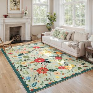 5x7 Washable Rug for Living Room, Green Floral Area Rug, Non Slip Low Pile Soft Flower Carpet, Large Rugs for Bedroom, Dining Room, Office, Kids Playroom, Nursery, Sage Green