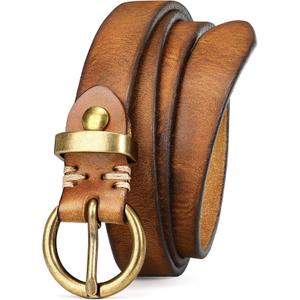 SANSTHS Womens Genuine Leather Belts for Jeans Pants Trendy Vintage Thin Leather Belt Gold Buckle Ladies Skinny Waist Belt (Brown)