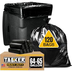 Tasker 65 Gallon Trash Bags Heavy Duty | 120 Count | Extra Large 64 Gallon Trash Bags for Toter | Garbage Bag 65 Gallon Trash Can Liners