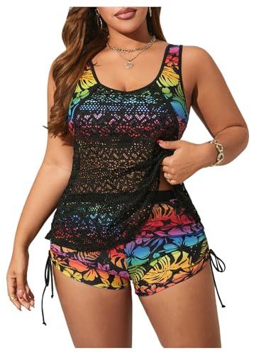 BEAUDRM Women's Plus Size Tankini Swimsuits 2 Piece Floral Tropical Swimwear Hollow Out Bathing Suits Lace Beach Swimsuit Black XX-Large Plus