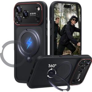 for iPhone 17 Pro Case: 360 Spin Magnetic Stand, Camera Protection (Compatible with MagSafe) [18FT Military Protection] Shockproof Matte Translucent Phone Cover for iPhone 17 Pro 6.3", Black