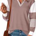 LOMON V Neck Long Sleeve Loose Sweaters Color Block Striped Knitted Pullover Jumper Tops (Small, Dark Khaki)