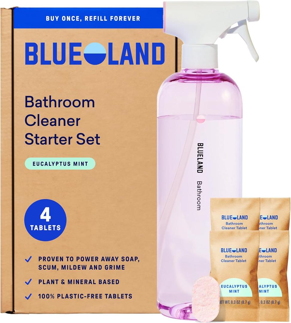 BLUELAND Bathroom Cleaner, Starter Set, Eucalyptus Mint Scent, Spray Bottle with 1Refill Tablets, Eco-Friendly Cleaning Supplies, 4 x 24 Fl oz