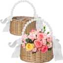 2 Pack Flower Girl Basket, Small Wicker Rattan Basket with Pearl Handle Ribbon Bow Plastic Liner, Decorative Flower Gift Basket for Wedding, Home Decor