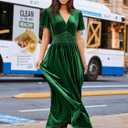 Simplee Women's Short Sleeve Velvet Maxi Dress V Neck Empire Waist Long Formal Wedding Guest Dresses (Green, S)