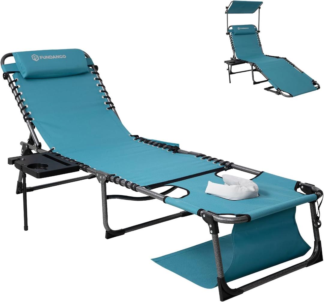 FUNDANGO 4 in 1 Tanning Chair with Face Hole, Beach Lounge Chair w/Canopy Shade & Side Table Chaise Lounge Chairs for Patio, Pool, Lawn, Sunbathing, 5-Position Adjustable Sun Lounger, Cyan
