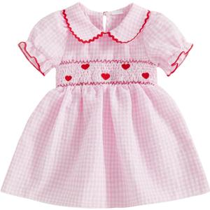 Honganda Toddler Baby Girl Valentine's Day Outfit Puff Sleeve Doll Collar Heart Smocked Dress Summer Plaid Princess Dresses (18-24 Months, Pink)