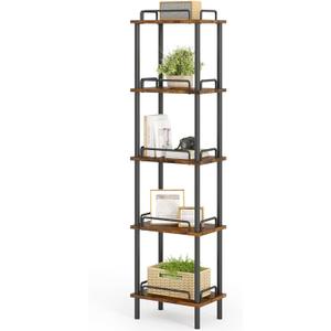 5-Tier Tall Bookshelf, Narrow Bookshelf Storage Rack with guardrail, Corner Shelf for Living Room, Bedroom, Bathroom, 11 x 14 x 59 Inches, Rustic Brown and Black