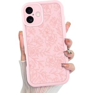 MZELQ for iPhone 16 Case, Silicone Floral Flower Cute Pattern, Camera Protection Soft Slim Shockproof for Girls Women -Pink