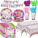 Gejoy 171 Pcs Building Block Birthday Party Supplies Tableware Kit Include Plates Cups Knives Forks Spoons Napkins Tablecloths Banner for Girls Birthday Party Decoration Serve 24 Guest (Sweet Color)
