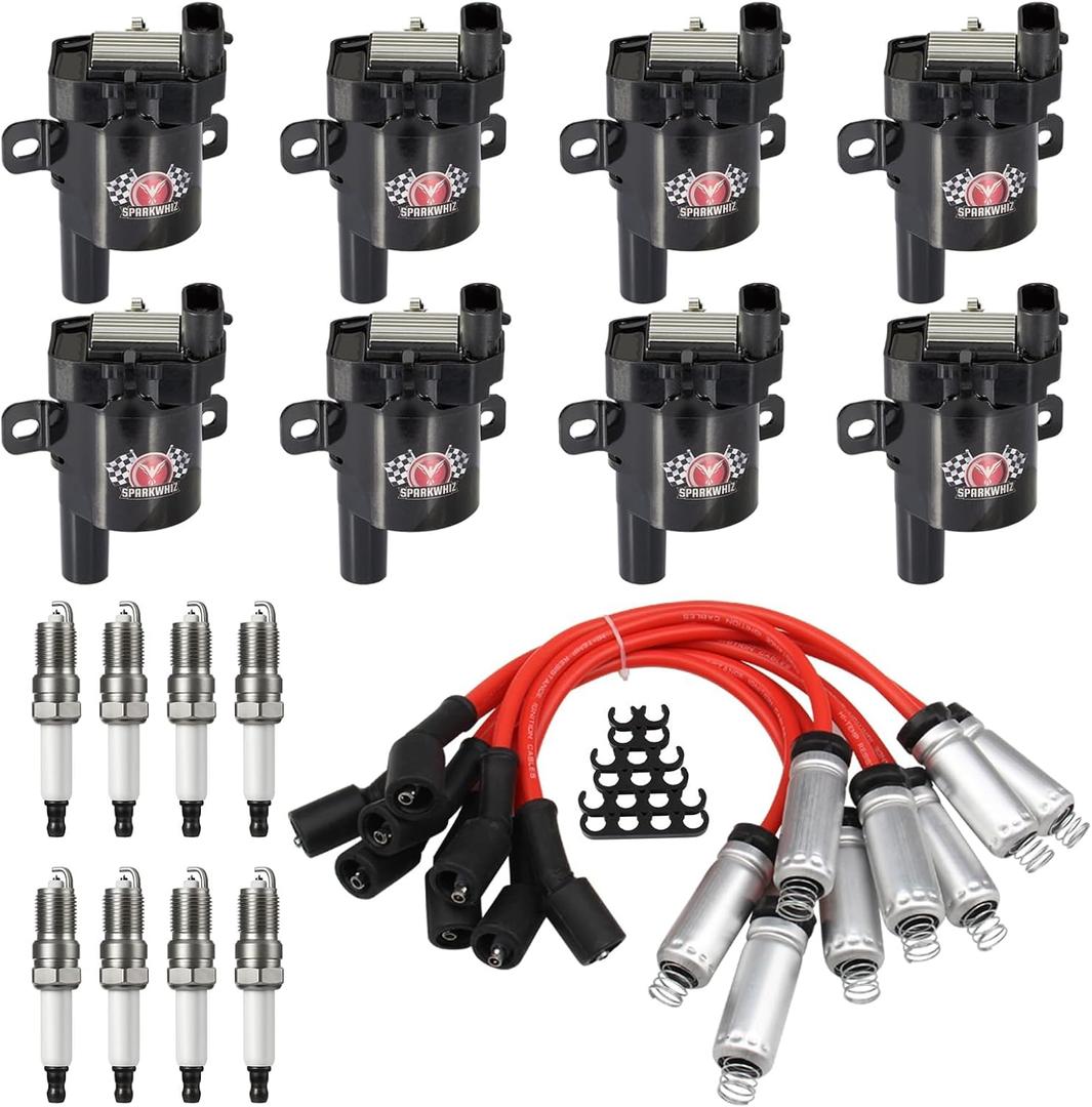 8 Pack D585 UF262 Round Type Ignition Coils with Spark Plugs and Wires, Compatible with Chevy Silverado 1500 2500 3500 Tahoe Suburban Express Sierra Savana Yukon GMC, Replace OEM# C1512 12622553