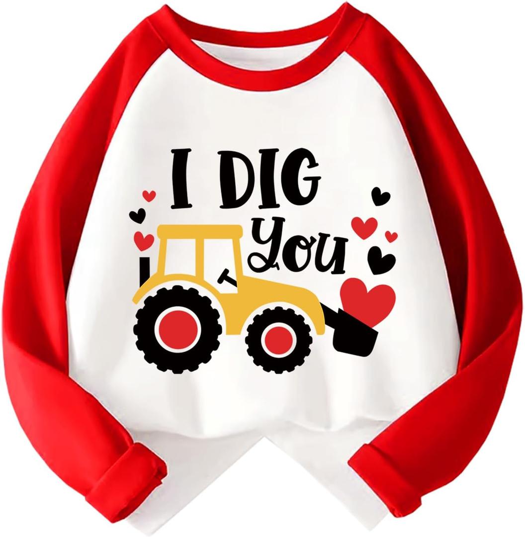 Boys Girls Valentines Shirt Toddler Love Heart Truck I DIG You Graphic Long Sleeve Raglan Little Kids Top 2-7T