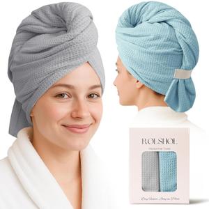 2 Pack Microfiber Hair Towel Wrap for Women, 32" x 11" Waffle Weave Hair Plopping Towel for Curly, Long & Thick Hair, Anti-Frizz Hair Turbans for Wet Hair (Gray,Cyan Blue)
