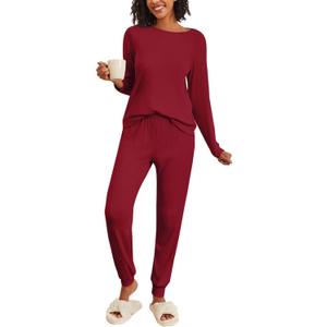 Ekouaer Womens Ribbed Knit Pajama Sets 2 Piece Jogger Pjs Long Sleeve Sleepwear Round Neck Soft Lounge Sets with Pockets (X-Large, Wine Red)