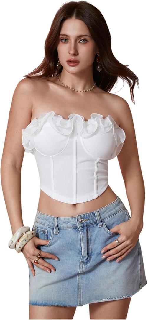 MakeMeChic Women's Coquette Ruffle Trim Corset Tops Sleeveless Summer Tube Crop Tops (Large, White)
