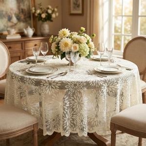 Horaldaily Beige Lace Tablecloth 6060 Inch Round, Embroidered Dahlia Table Cover, Vintage Wedding Decorations for Dinner Party, Baby Shower, Tea Party