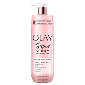 Olay Super Serum Hand & Body Lotion for Dry Skin, 24hr Long Lasting Hydration, 5+ Ingredient Complex for Bright Even Firm Luminous Skin, Sweet Vanilla & Soft Wood Scent, 18.5 fl oz
