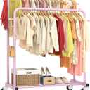 Laiensia Double Rods Garment Rack with Wheels, Clothing Rack for Hanging Clothes,4 Hooks, Multi-Functional Bedroom Clothes Rack, Pink