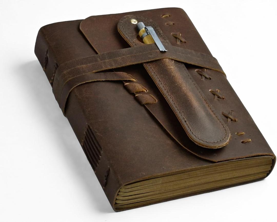 Leather Journal Notebook for Men & Women Daily Vintage Leather Bound Journal Travel Notebook 290 Lined Paper Diary Writing Journal Travelers Scrapbook Poetry Sketchbook Leather Gifts with Pen Holder (8 x 6)