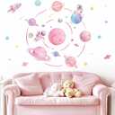 Pastel Pink Planet Orbits Wall Decals, Fantasy Outer Space Themed Wall Stickers with Rocket Astronaut and Stars for Kid's Bedroom, Nursery, Playoom, Peel and Stick Reusable
