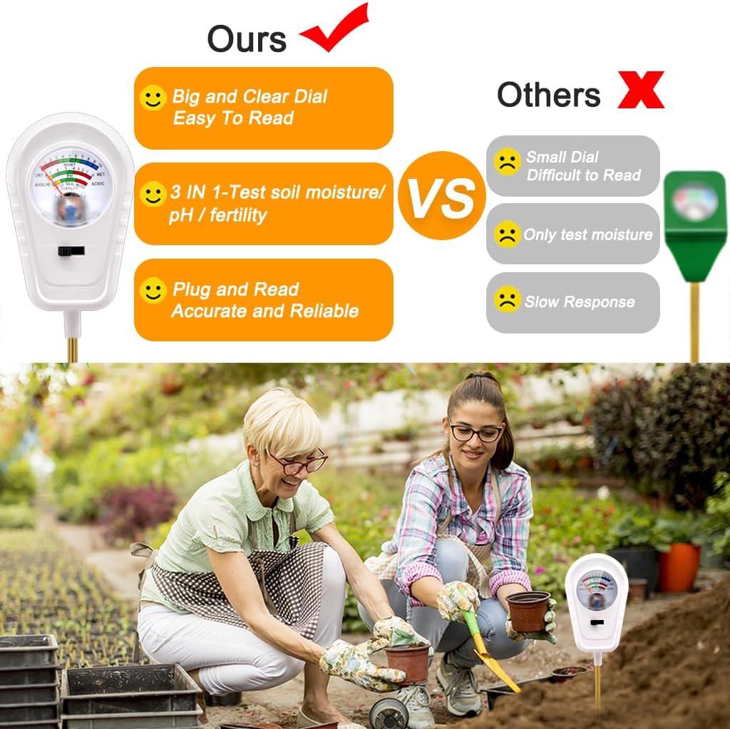 Soil Test Kit 3-in-1, Soil Moisture Meter, Soil PH Meter, Fertility Soil Tester, Soil Tester for Garden, Lawn, Farm, Outdoor & Indoor Use (Cloud Dusk White)