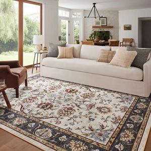 8x10 Ft Extra Large Washable Area Rugs for Living Room, Thin Floral Vintage Print Rug Non Slip Carpet for Bedroom Dining Room Kidsroom Home Decor (Beige Yellow)