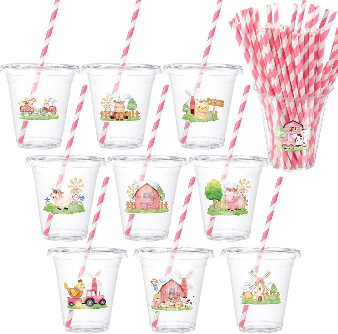 Yinder 50 Sets Pink Farm Animals Themed Party Plastic Cups with Lids 12 oz Disposable Clear Cups Pink Animal Farm Themed Party Favor Cups and Paper Straws