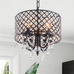 VILUXY Black Crystal Chandelier Modern Ceiling Pendant Light Fixture Drum Raindrop 4-Light Hanging Light for Bedroom Kitchen Island Dining Room Entry
