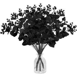 10 Pcs Black Artificial Eucalyptus Stems,14" Faux Eucalyptus Leaves Branches Bouquet,Black Silk Flowers for Home Halloween,Flower Arrangement DIY,Farmhouse Decor