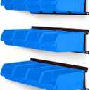 Ultrawall Wall Mounted Storage Bins, Plastic Hanging Storage Organizer Bins, Garage Tool Storage System for Screws, Nuts, Bolts, Nails, and Small Hardware Parts, 12x bins & 3 x rails, Blue