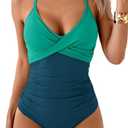 B2prity Women's One Piece Swimsuits Tummy Control Front Cross Bathing Suits Tie Back Slimming V Neck Swimwear, Green Color Block, L