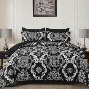WONGS BEDDING 7 Pieces Comforter Set Queen Size, Black White Texture Bedding Set for All Season, Damask Soft and Breathable Bed in a Bag with Comforter, Flat Sheet, Fitted Sheet, Pillowcases & Shams
