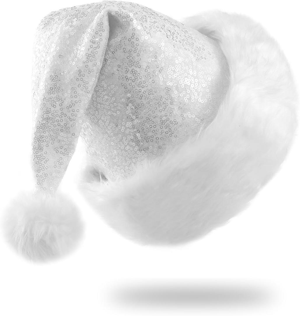 Sequin Christmas Hat for Adult Unisex Thicken Comfortable Santa Hat for Christmas New Year Festive Theme Party Supply (Silver)