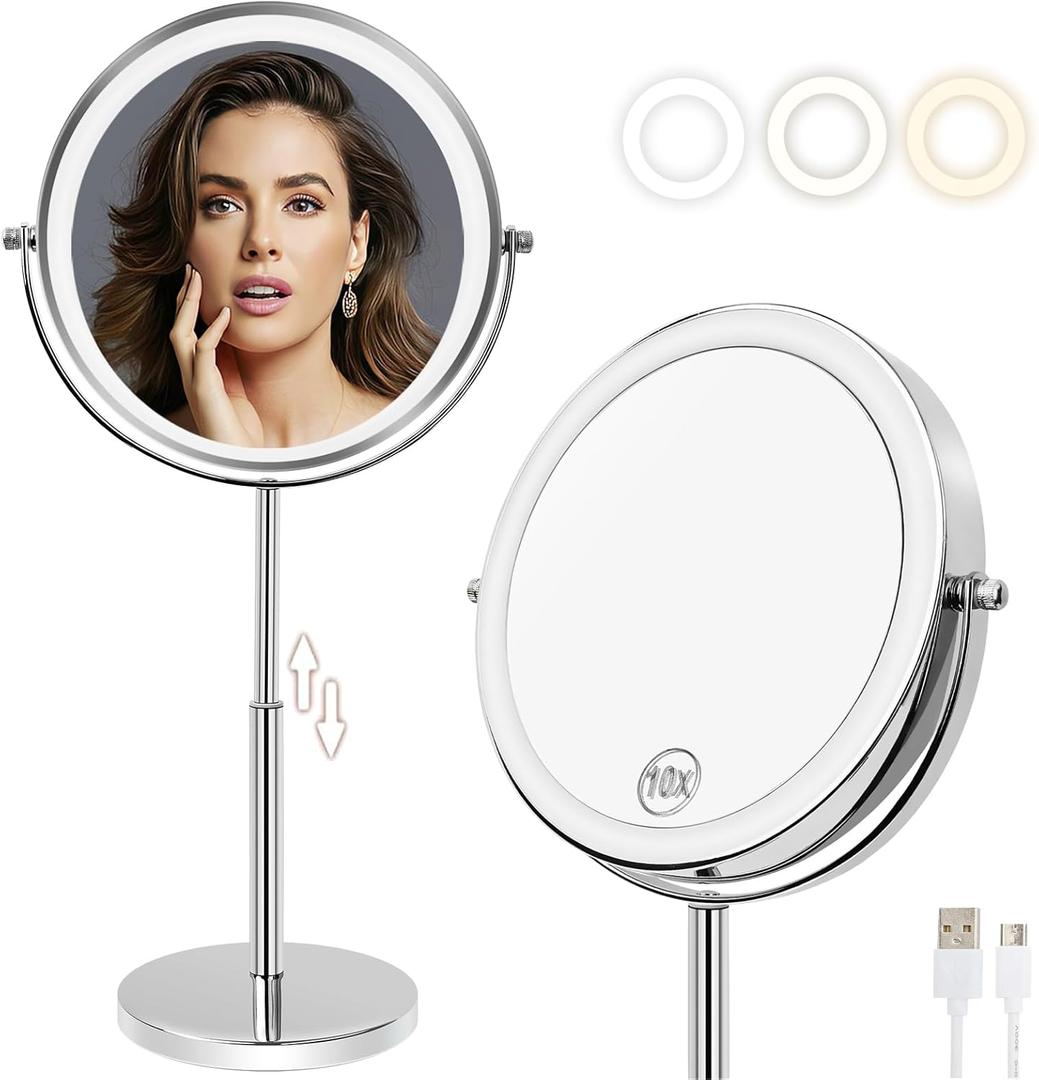 8”Large Makeup Mirror with Lights,1X/10X Rechargeable True Height Adjustable HD Magnifying Mirror with 3 Color Dimmable Lights,360° Rotation Double Sided Vanity Makeup Mirror,Gift for Women (Silver)